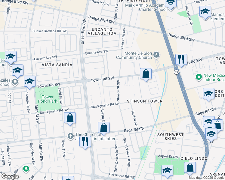 map of restaurants, bars, coffee shops, grocery stores, and more near 7411 Sombrillo Avenue Southwest in Albuquerque