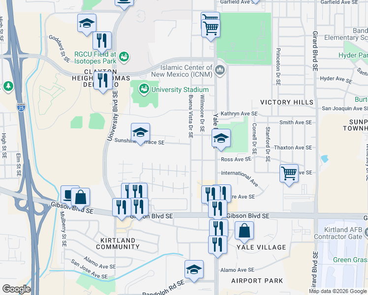map of restaurants, bars, coffee shops, grocery stores, and more near 1933 Sunshine Terrace Southeast in Albuquerque