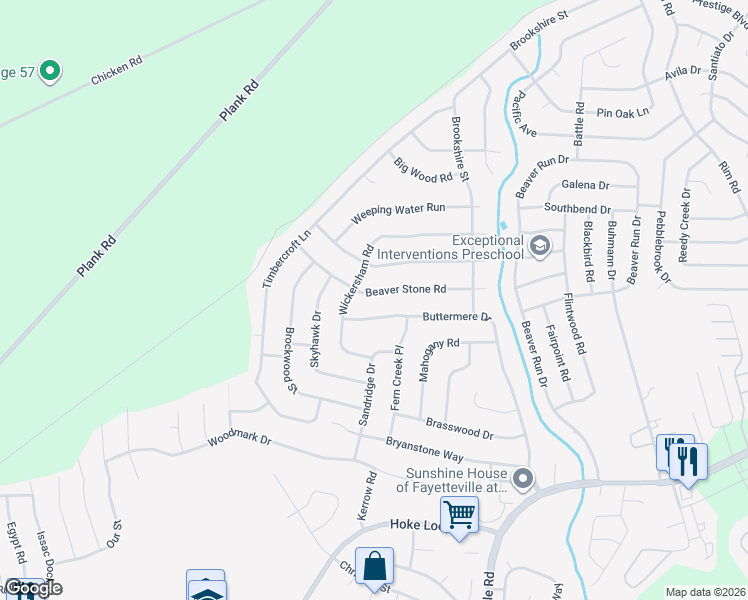 map of restaurants, bars, coffee shops, grocery stores, and more near 6862 Beaver Stone Road in Fayetteville