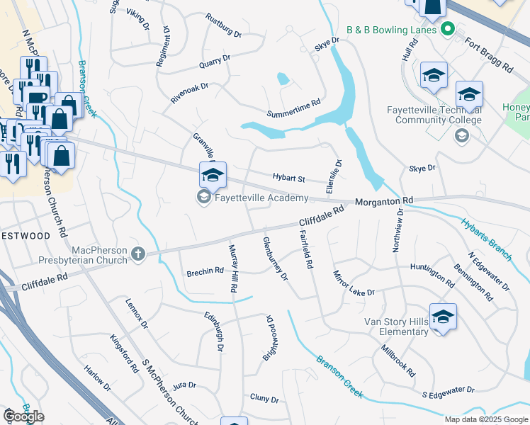 map of restaurants, bars, coffee shops, grocery stores, and more near 3117 Baker Street in Fayetteville