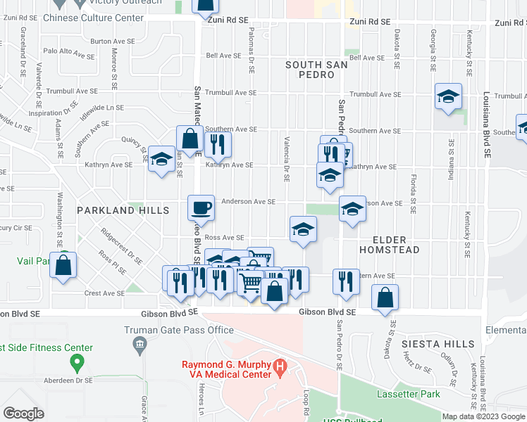 map of restaurants, bars, coffee shops, grocery stores, and more near 1009 Alvarado Drive Southeast in Albuquerque