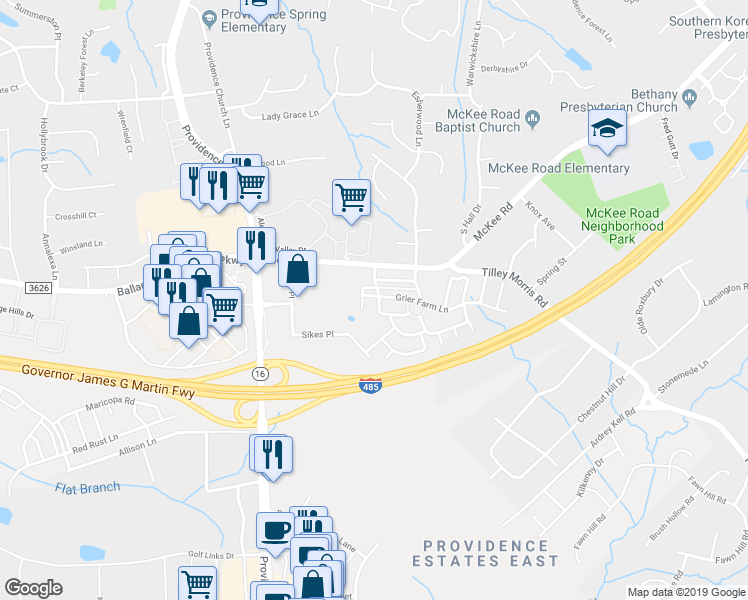 map of restaurants, bars, coffee shops, grocery stores, and more near 11006 Alderbrook Lane in Charlotte