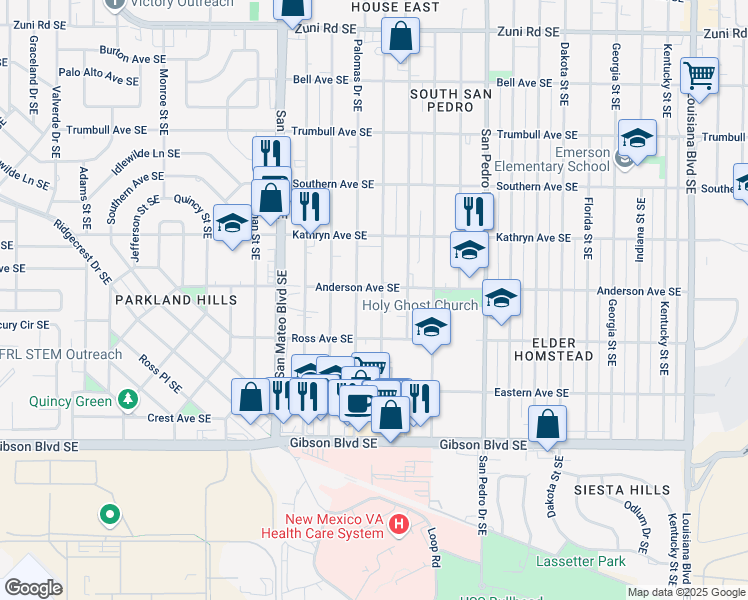 map of restaurants, bars, coffee shops, grocery stores, and more near 1038 Palomas Drive Southeast in Albuquerque