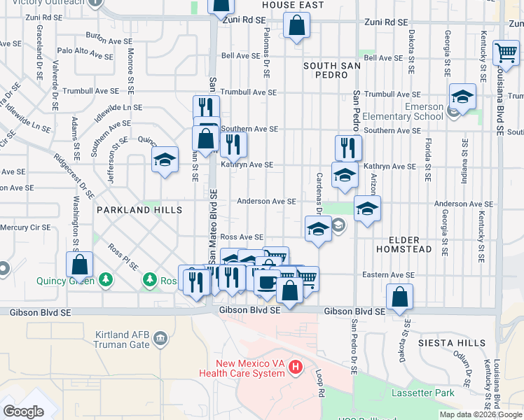 map of restaurants, bars, coffee shops, grocery stores, and more near 1036 Madeira Drive Southeast in Albuquerque