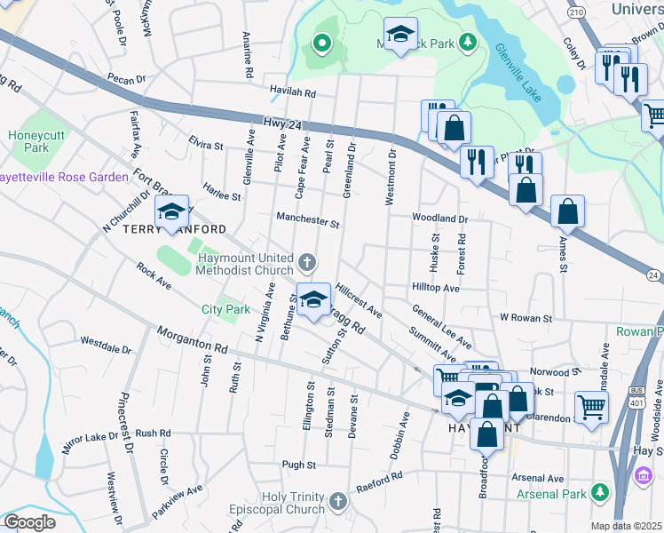 map of restaurants, bars, coffee shops, grocery stores, and more near 597 Greenland Drive in Fayetteville