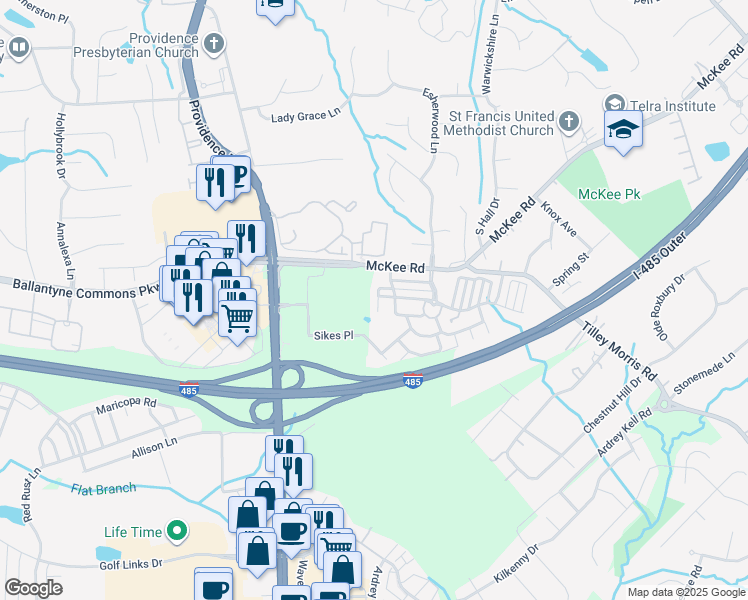map of restaurants, bars, coffee shops, grocery stores, and more near 10928 Alderbrook Lane in Charlotte