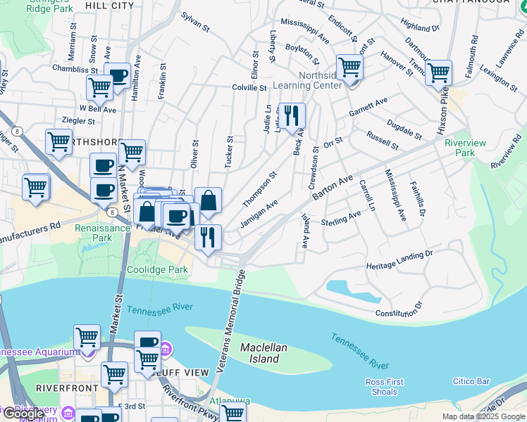 map of restaurants, bars, coffee shops, grocery stores, and more near 326 Thompson Street in Chattanooga