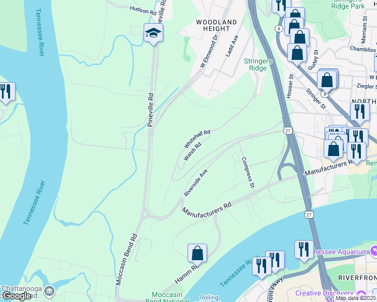 map of restaurants, bars, coffee shops, grocery stores, and more near 339 Whitehall Road in Chattanooga