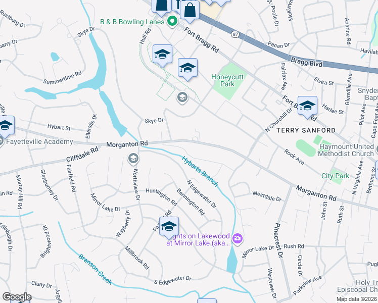 map of restaurants, bars, coffee shops, grocery stores, and more near 2615 Morganton Road in Fayetteville