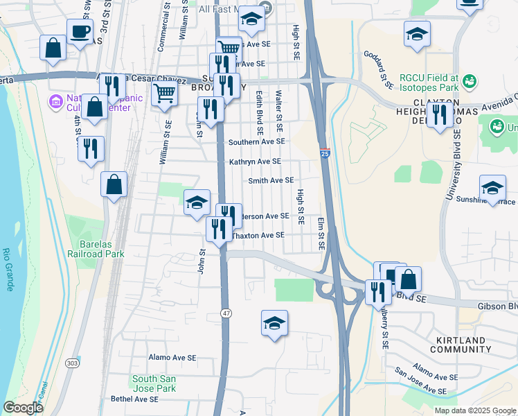 map of restaurants, bars, coffee shops, grocery stores, and more near 1943 Edith Boulevard Southeast in Albuquerque