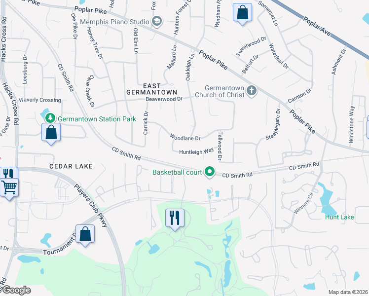 map of restaurants, bars, coffee shops, grocery stores, and more near 8545 Woodlane Drive in Germantown