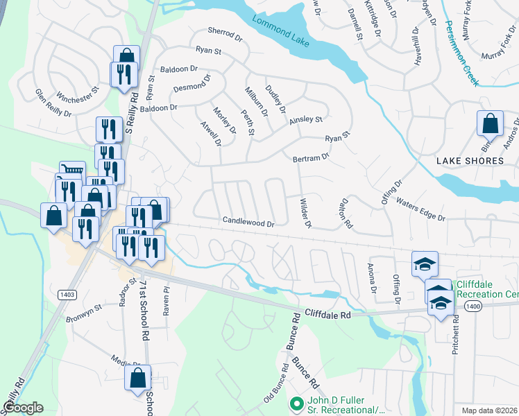 map of restaurants, bars, coffee shops, grocery stores, and more near 6940 Timberwood Drive in Fayetteville
