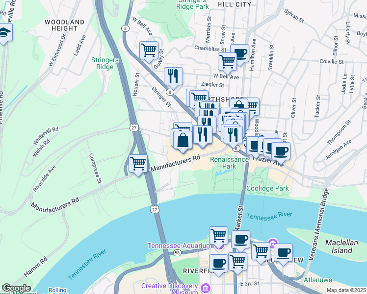 map of restaurants, bars, coffee shops, grocery stores, and more near 301 Manufacturers Road in Chattanooga