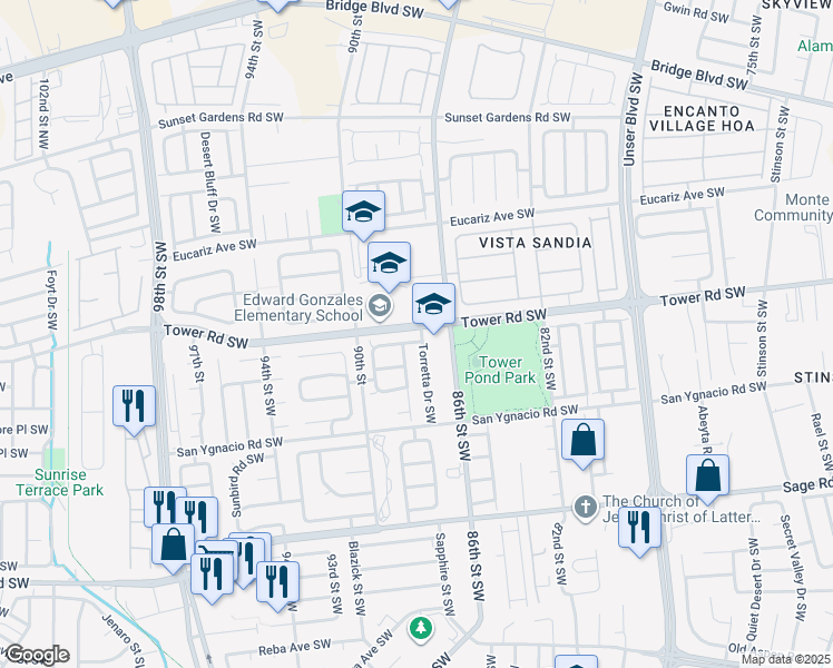 map of restaurants, bars, coffee shops, grocery stores, and more near 601 Torretta Drive Southwest in Albuquerque