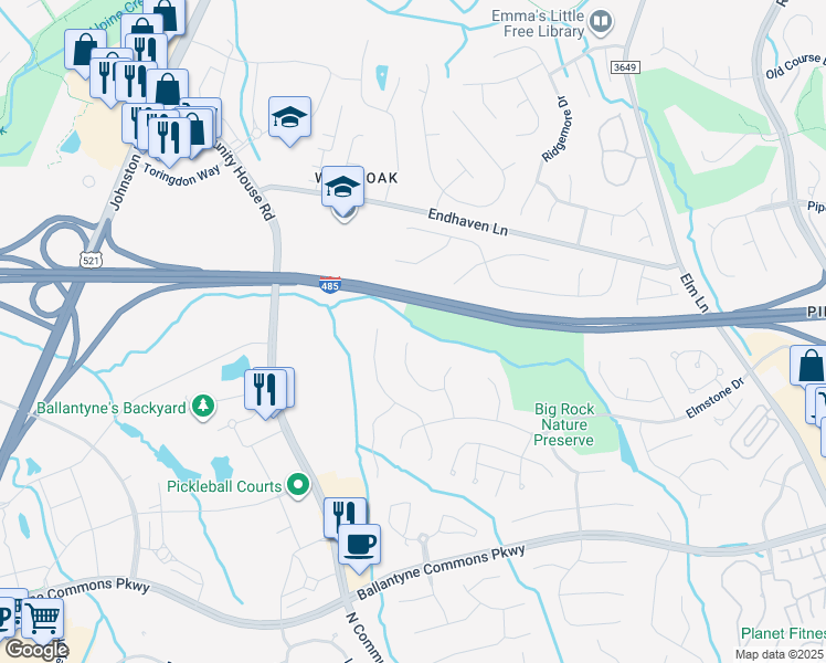 map of restaurants, bars, coffee shops, grocery stores, and more near 6930 Wolf Run Drive in Charlotte