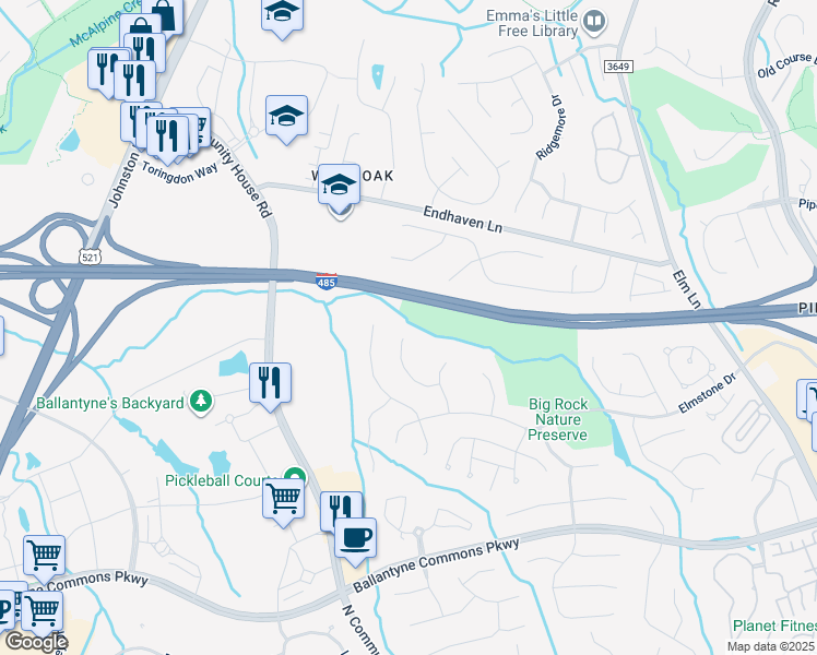 map of restaurants, bars, coffee shops, grocery stores, and more near 6930 Wolf Run Drive in Charlotte