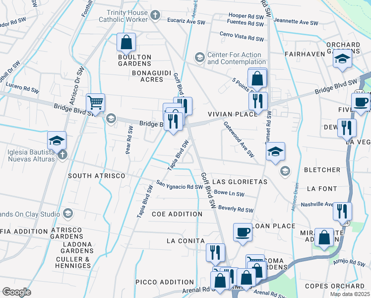 map of restaurants, bars, coffee shops, grocery stores, and more near 1001 Rigel Street Southwest in Albuquerque