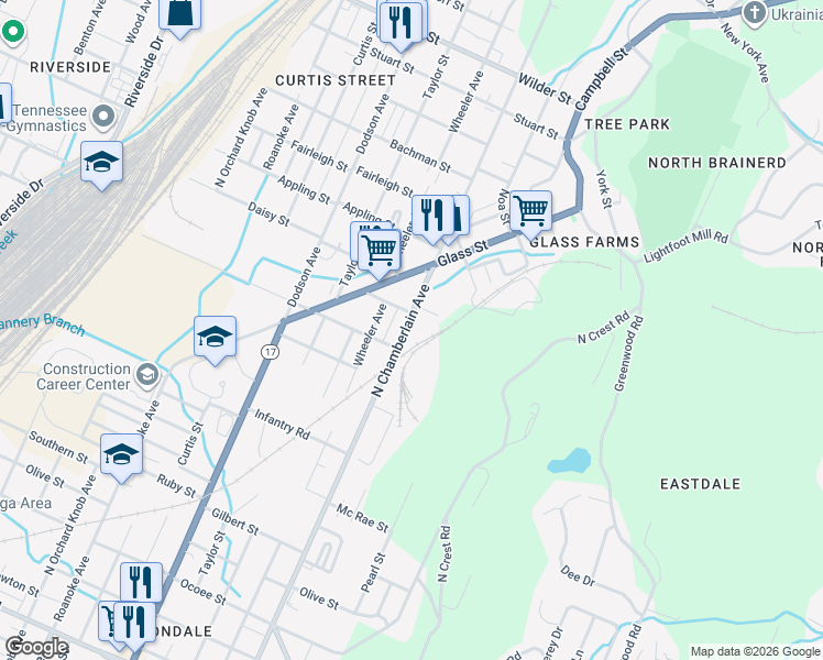 map of restaurants, bars, coffee shops, grocery stores, and more near 2320 North Chamberlain Avenue in Chattanooga