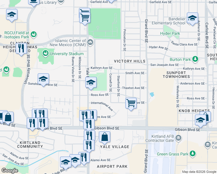 map of restaurants, bars, coffee shops, grocery stores, and more near 1628 Cornell Drive Southeast in Albuquerque