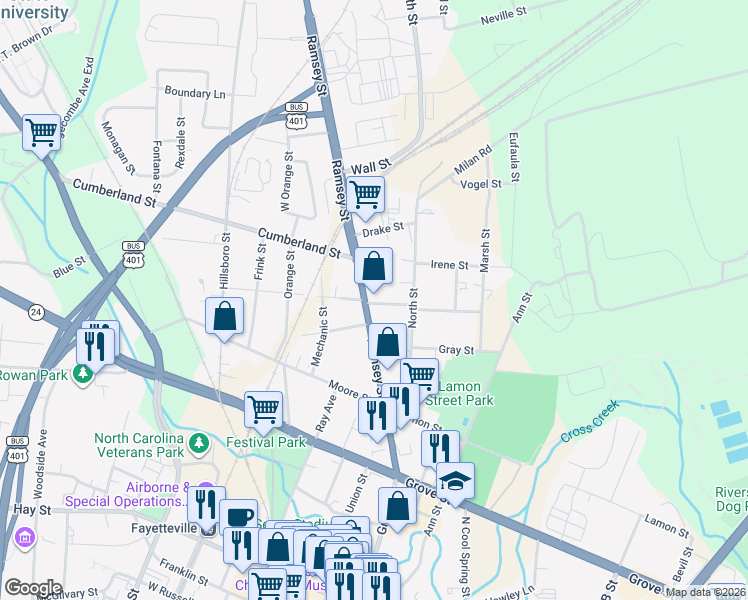 map of restaurants, bars, coffee shops, grocery stores, and more near 708 Ramsey St in Fayetteville