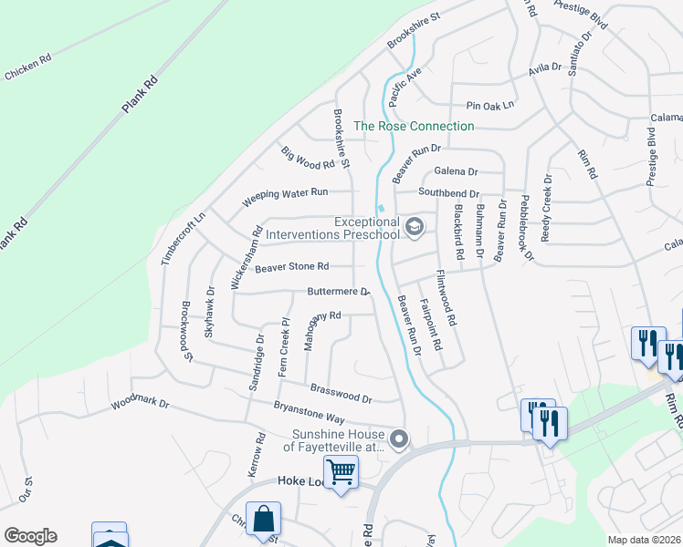 map of restaurants, bars, coffee shops, grocery stores, and more near 6822 Beaver Stone Road in Fayetteville