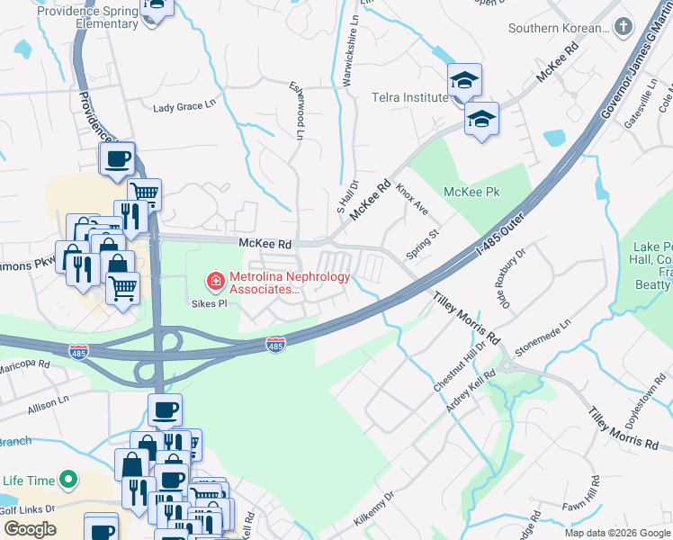 map of restaurants, bars, coffee shops, grocery stores, and more near 10703 Yellow Tail Court in Charlotte