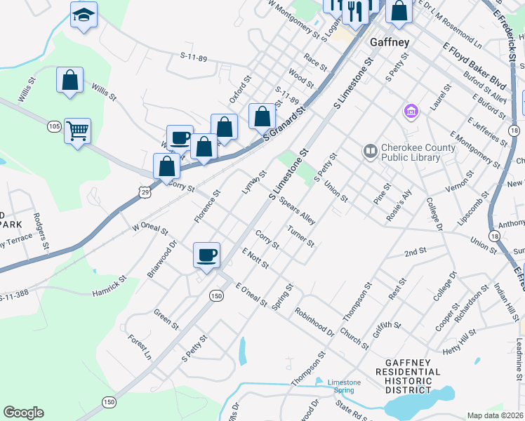 map of restaurants, bars, coffee shops, grocery stores, and more near 701 South Limestone Street in Gaffney