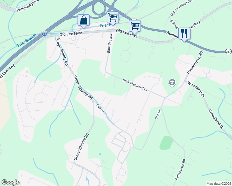 map of restaurants, bars, coffee shops, grocery stores, and more near 7958 Bork Memorial Drive in Ooltewah