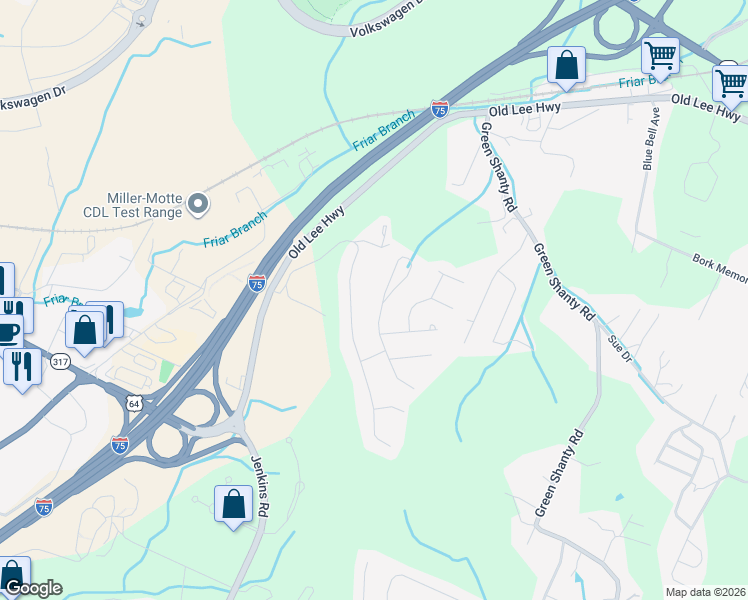 map of restaurants, bars, coffee shops, grocery stores, and more near 4731 Buckingham Drive in Chattanooga