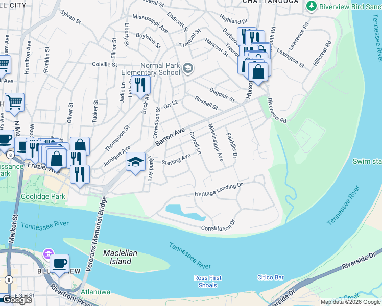 map of restaurants, bars, coffee shops, grocery stores, and more near 1510 Carroll Lane in Chattanooga