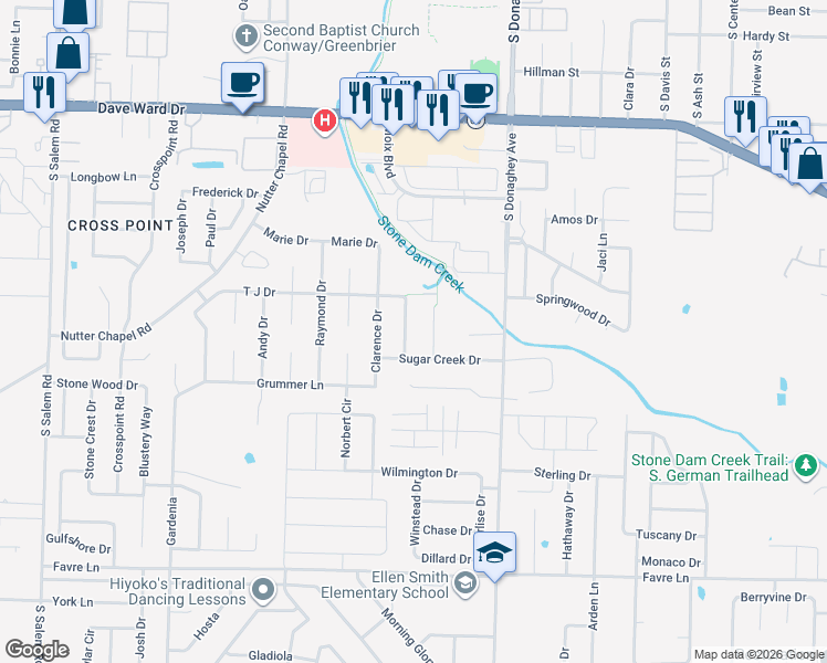 map of restaurants, bars, coffee shops, grocery stores, and more near 1120 Trenton Drive in Conway