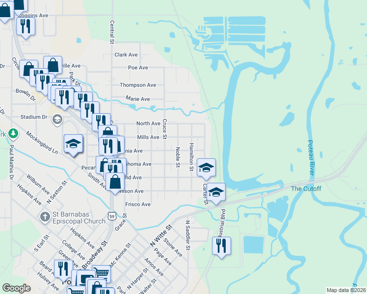 map of restaurants, bars, coffee shops, grocery stores, and more near 610 Noble Street in Poteau