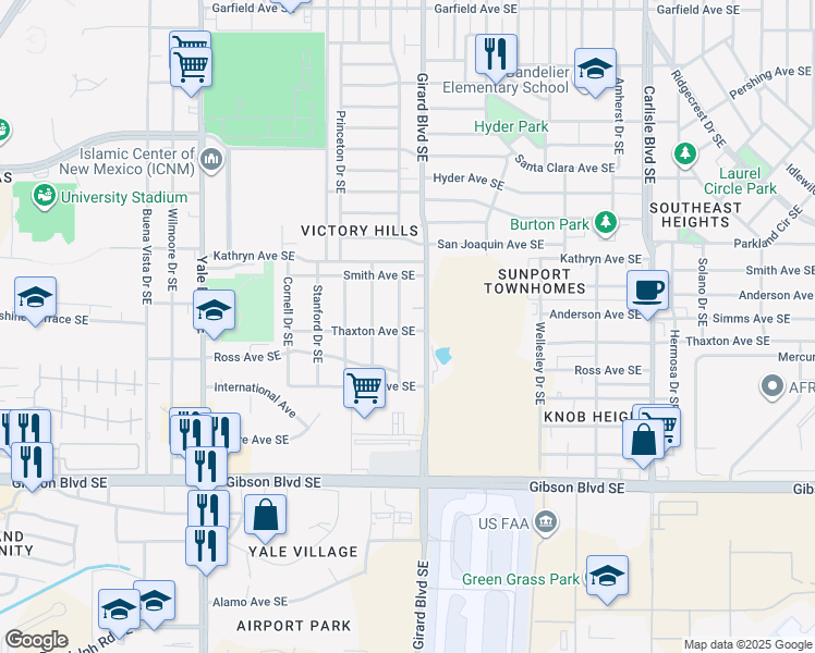 map of restaurants, bars, coffee shops, grocery stores, and more near 1628 Vassar Drive Southeast in Albuquerque