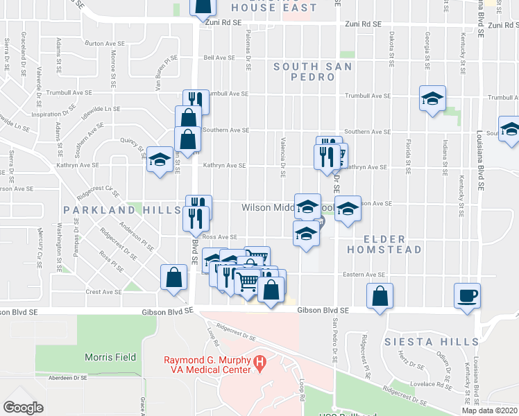 map of restaurants, bars, coffee shops, grocery stores, and more near 1038 Palomas Drive Southeast in Albuquerque