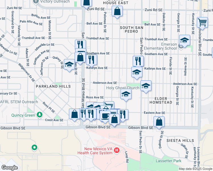 map of restaurants, bars, coffee shops, grocery stores, and more near 1038 Palomas Drive Southeast in Albuquerque