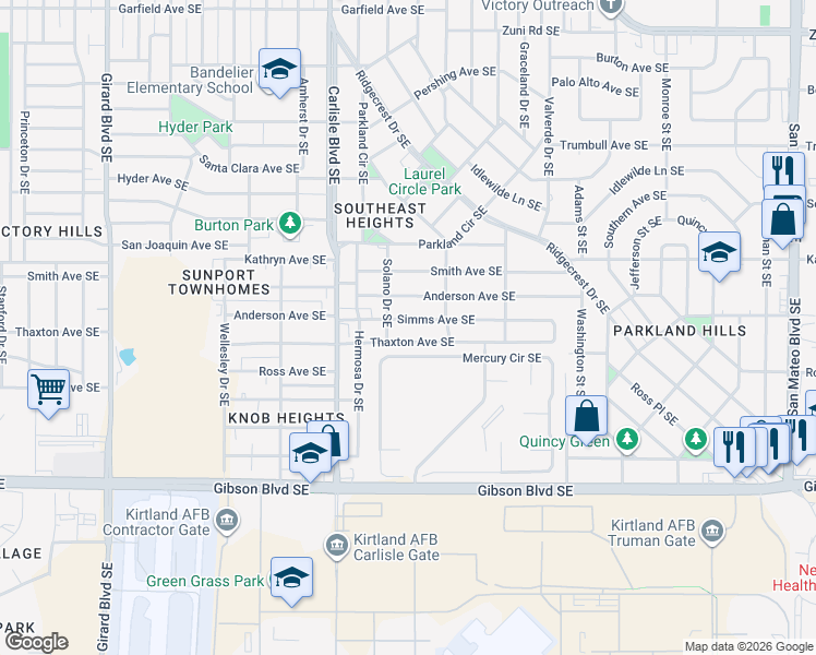 map of restaurants, bars, coffee shops, grocery stores, and more near 3805 Simms Avenue Southeast in Albuquerque