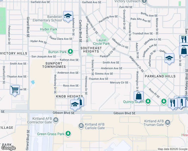 map of restaurants, bars, coffee shops, grocery stores, and more near 3805 Simms Avenue Southeast in Albuquerque