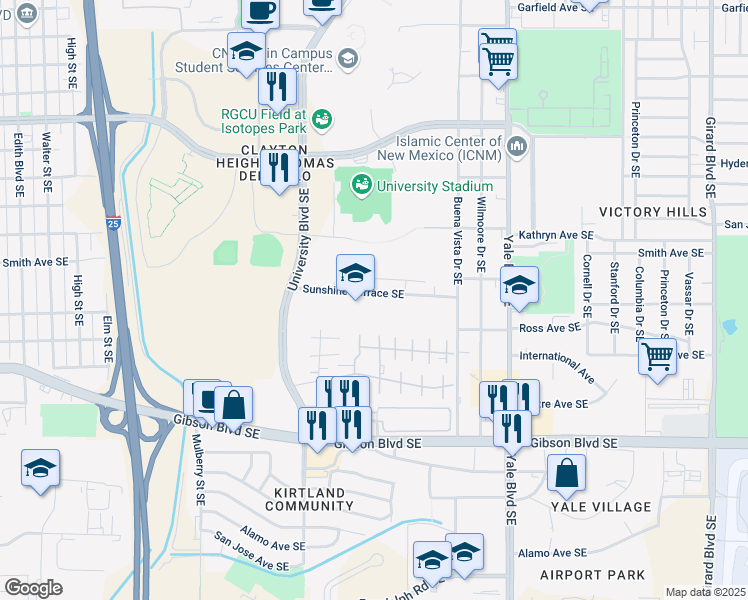 map of restaurants, bars, coffee shops, grocery stores, and more near 1801 Sunshine Terrace Southeast in Albuquerque