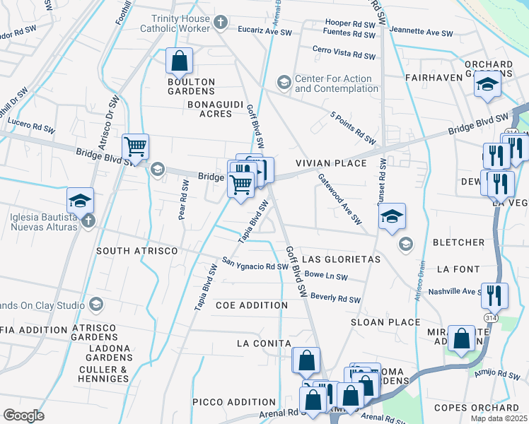 map of restaurants, bars, coffee shops, grocery stores, and more near 1001 Rigel Street Southwest in Albuquerque