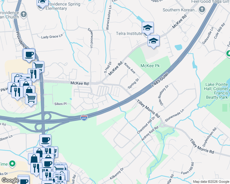 map of restaurants, bars, coffee shops, grocery stores, and more near 10205 Jacobs Creek Drive in Charlotte
