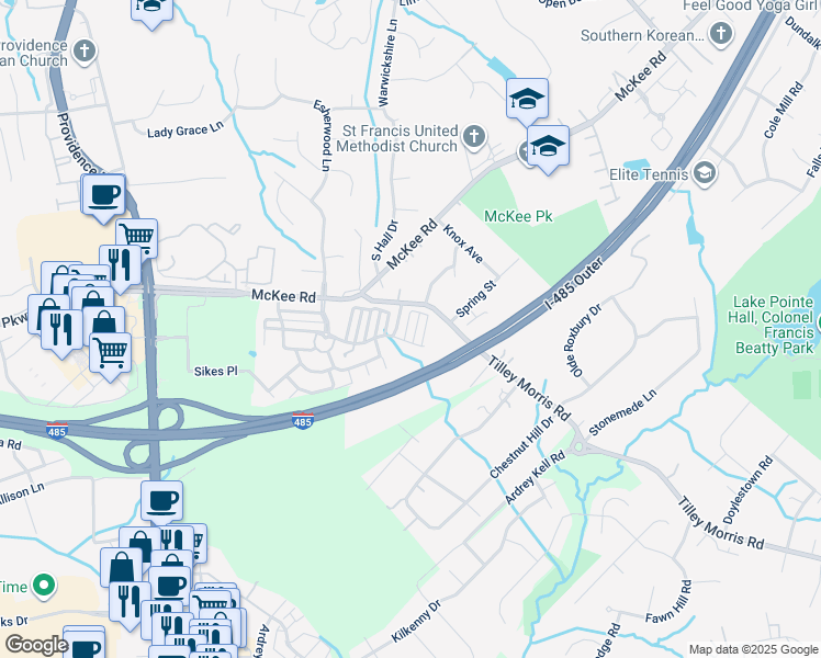 map of restaurants, bars, coffee shops, grocery stores, and more near 10205 Jacobs Creek Drive in Charlotte