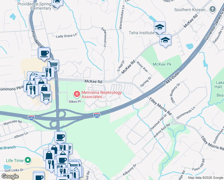 map of restaurants, bars, coffee shops, grocery stores, and more near 10703 Yellow Tail Court in Charlotte