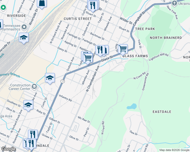 map of restaurants, bars, coffee shops, grocery stores, and more near 2320 North Chamberlain Avenue in Chattanooga