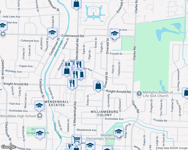 map of restaurants, bars, coffee shops, grocery stores, and more near 3111 Estes Street in Memphis