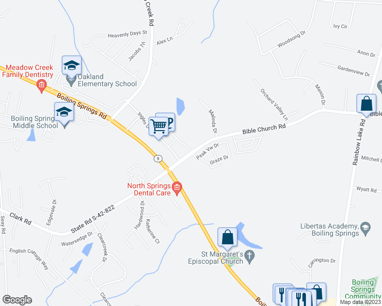 map of restaurants, bars, coffee shops, grocery stores, and more near 4041 Bible Church Road in Boiling Springs