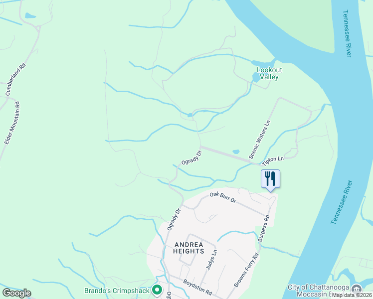 map of restaurants, bars, coffee shops, grocery stores, and more near 1321 Ogrady Drive in Chattanooga