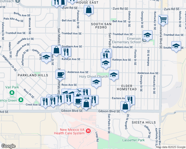 map of restaurants, bars, coffee shops, grocery stores, and more near 1014 Valencia Drive Southeast in Albuquerque
