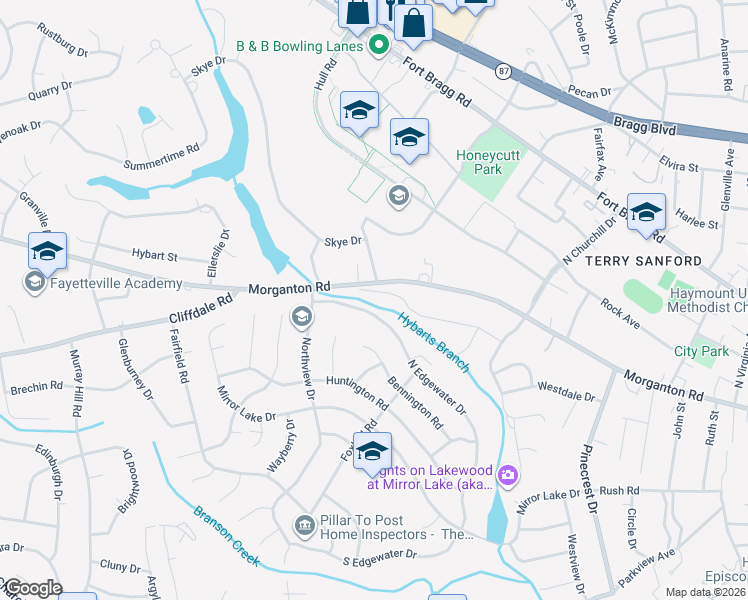 map of restaurants, bars, coffee shops, grocery stores, and more near 2651 Lockwood Road in Fayetteville