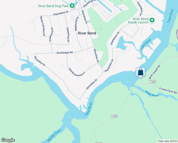 map of restaurants, bars, coffee shops, grocery stores, and more near 111 Randomwood Lane in New Bern