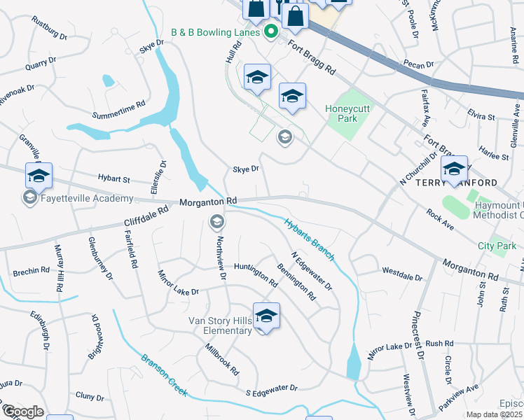 map of restaurants, bars, coffee shops, grocery stores, and more near 2661 Lockwood Road in Fayetteville